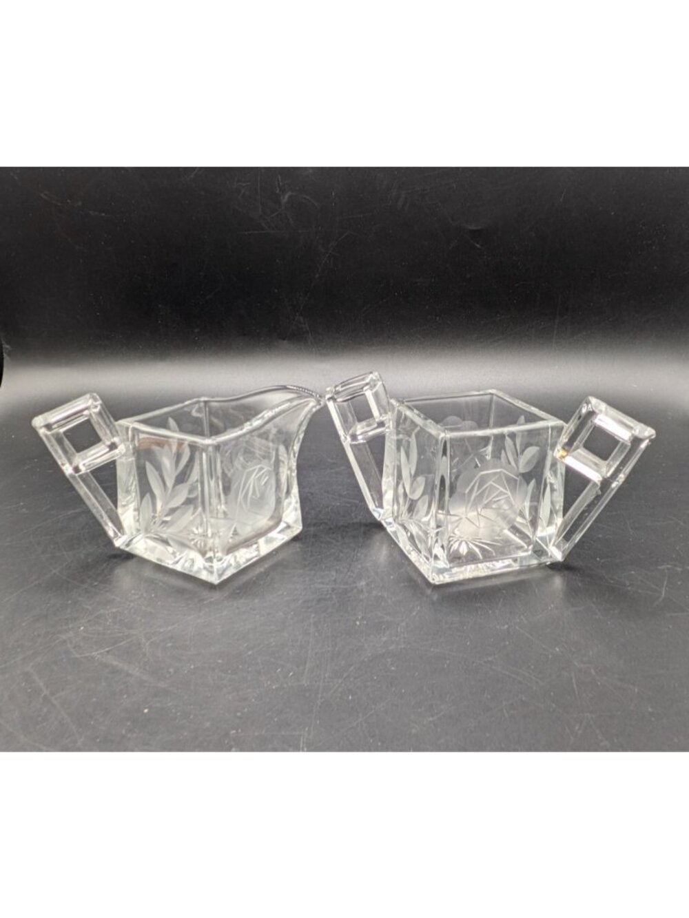Vtg Heisey Quater Clear Cut Glass Creamer & Sugar Art Deco Square Handles Floral